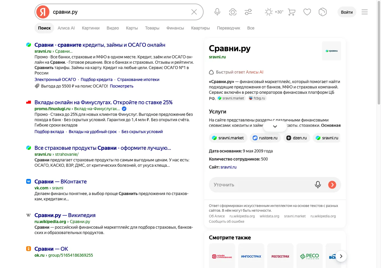 Выдача Яндекса по запросу «сравни.ру»: справа карточка витального ответа с логотипом, описанием, реквизитами и поиском по сайту.